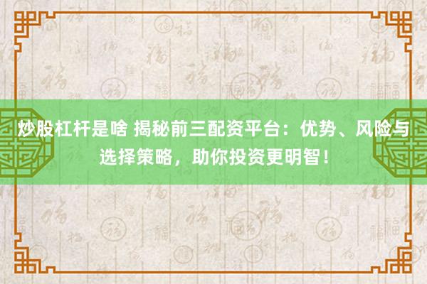 炒股杠杆是啥 揭秘前三配资平台：优势、风险与选择策略，助你投资更明智！